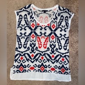 Tommy Hilfiger Linen Short Sleeve White and Navy Geometric Top Small